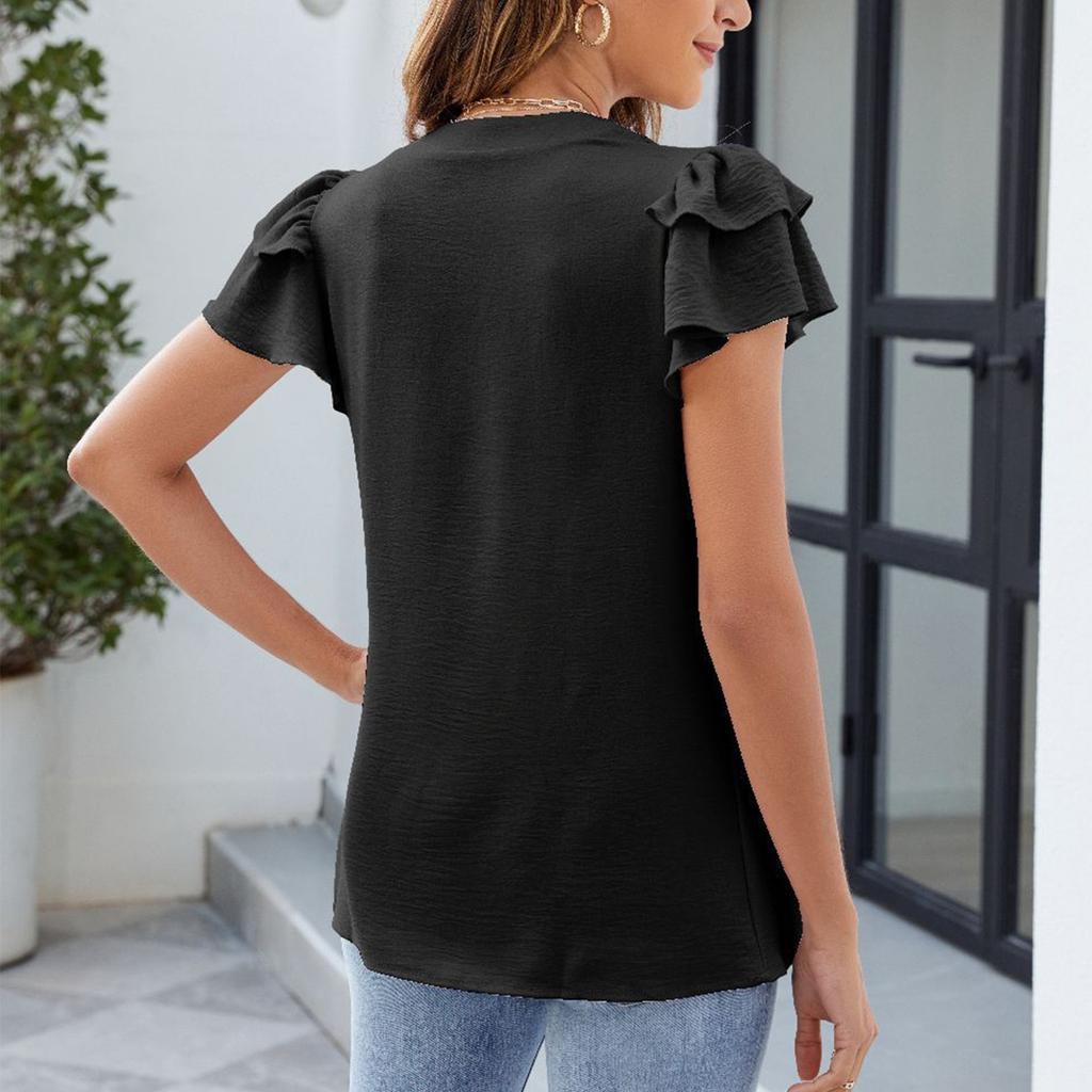 Весна и лето Новые однотонные футболки с V-образным вырезом и коротким рукавом Модные топы с оборками для женщин