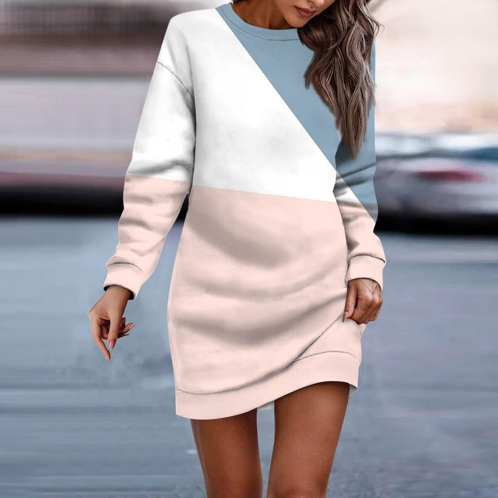 Women's Round Neck Geometric Long Sleeve Hip-wrapped Dress Sweater Dress
