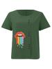 Women's Fashion Lips Rainbow Print Round Neck Short Sleeve T-shirt Summer Casual Cotton Linen Graphic Shirt Leisure Loose Blouse Tops