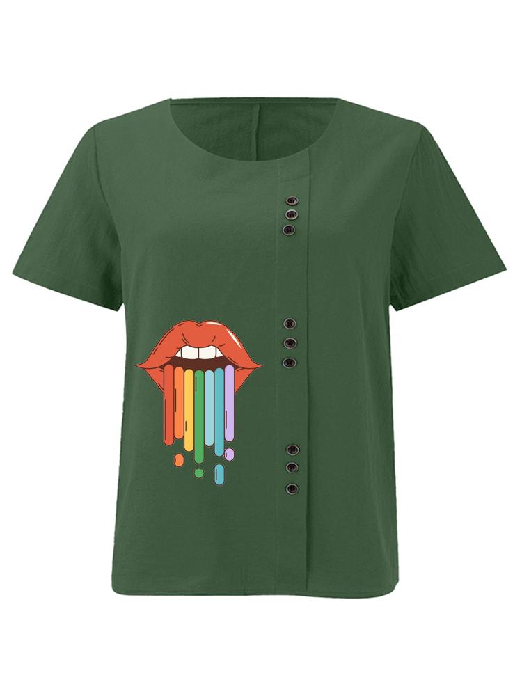 Women's Fashion Lips Rainbow Print Round Neck Short Sleeve T-shirt Summer Casual Cotton Linen Graphic Shirt Leisure Loose Blouse Tops