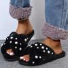 Fashion Pearls Detor Plush Slippers for Women Fashion Cross Strap House Furry Slippers Woman Slip On Faux Fur Cotton Slides Mujer