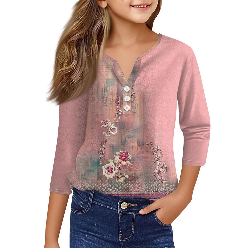 Повседневные модные топы для девочек с принтом, футболка с семью рукавами и пуговицами