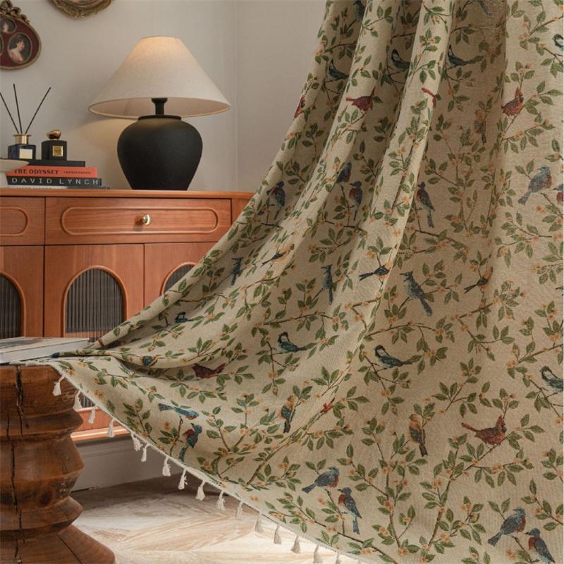 Шторы Boho Floral Bird Curtains - Светофильтрующие готовые шторы для кухни и эркера | Жаккардовый текстиль с кисточками (Установка без шитья)