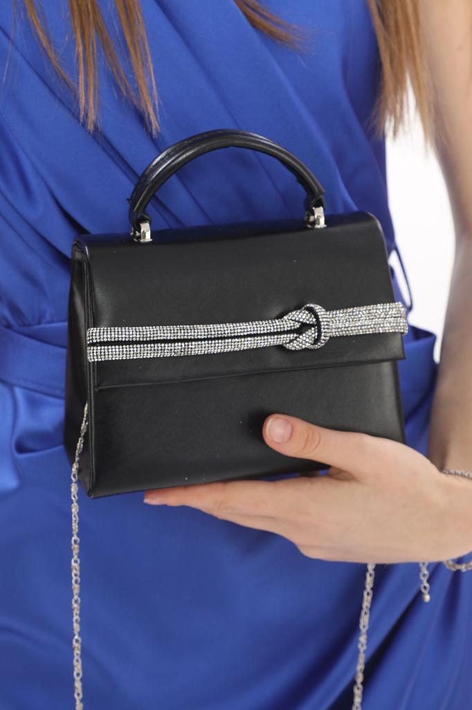 Women's Stylish and Useful Evening Dress Bag Black Color Suede Material Stone Accessory Magnetic Closure Shoulder Strap Available (Small Size)