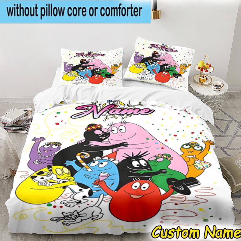 3PCS Custom Name Colorful Cartoon Barba-papa Heart Bedding Set Including 1pc Duvet Cover And 2pcs Pillowcases for Bedroom, Dormitory Gift Home Decor