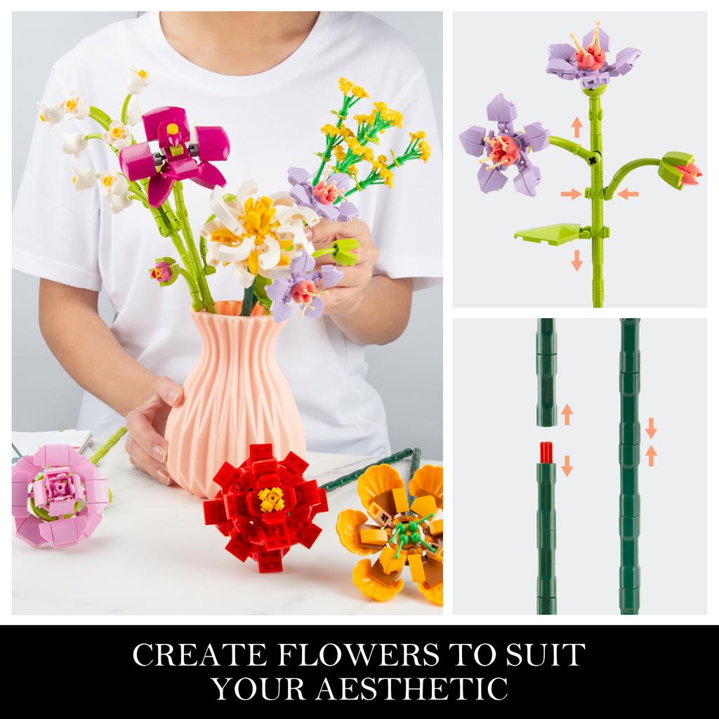 Нетоксичный букет из искусственных цветов из 756 деталей, конструктор с вазой, пластиковые цветы-кирпичики для поделок, детские игрушки, подарок для детей, украшение для дома