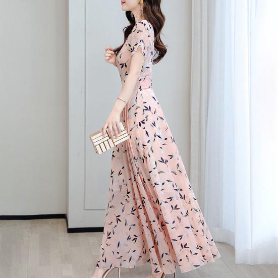 Женское летнее шифоновое струящееся макси-платье, повседневное платье А-силуэта с коротким рукавом и круглым вырезом, длинное платье с цветочным принтом, пляжный сарафан в стиле бохо
