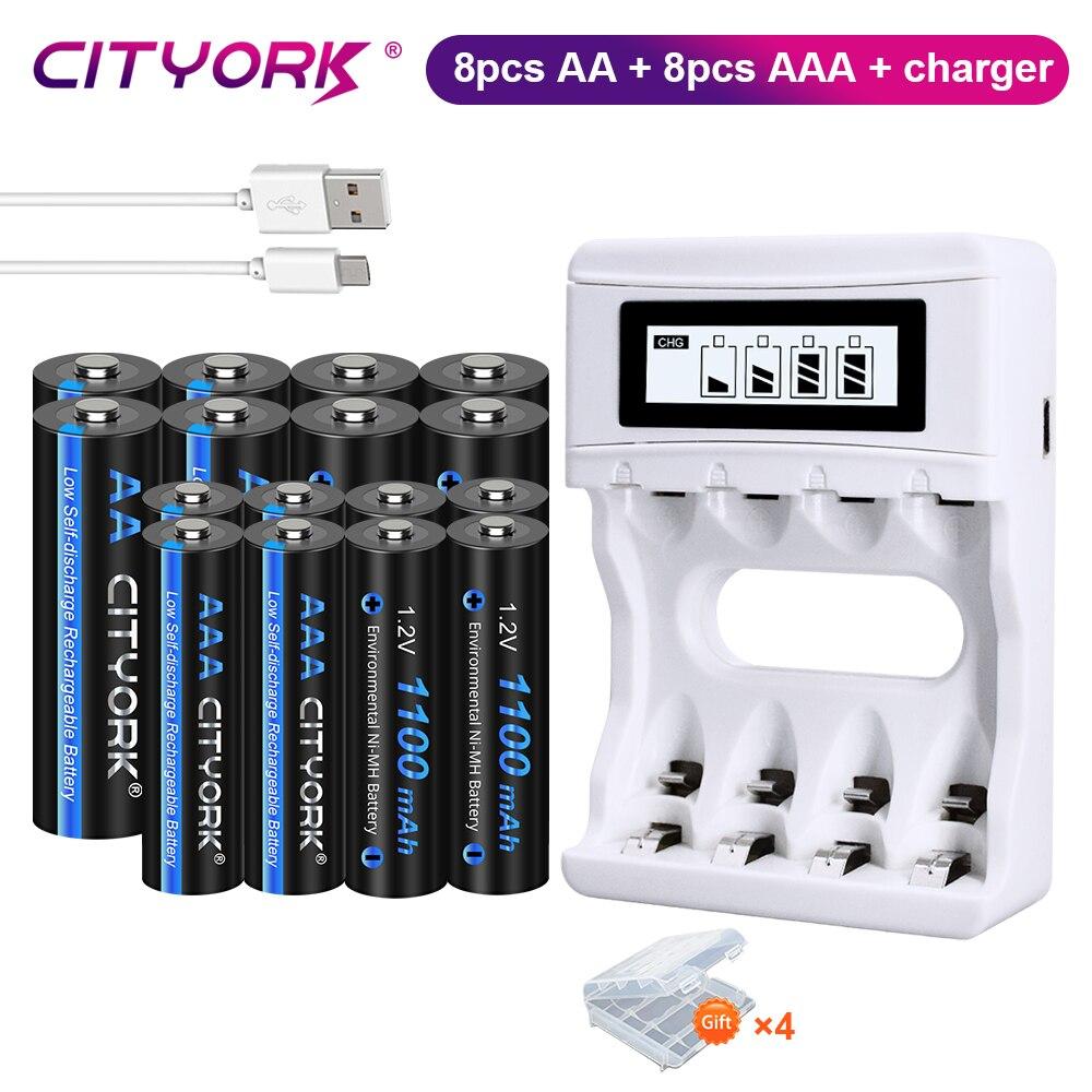 Cityork Перезаряжаемая батарея AA 1,2 В + аккумуляторная батарея AAA 1,2 В + USB-зарядное устройство с ЖК-дисплеем для 1,2 В AA AAA nimh NI-MH батареи