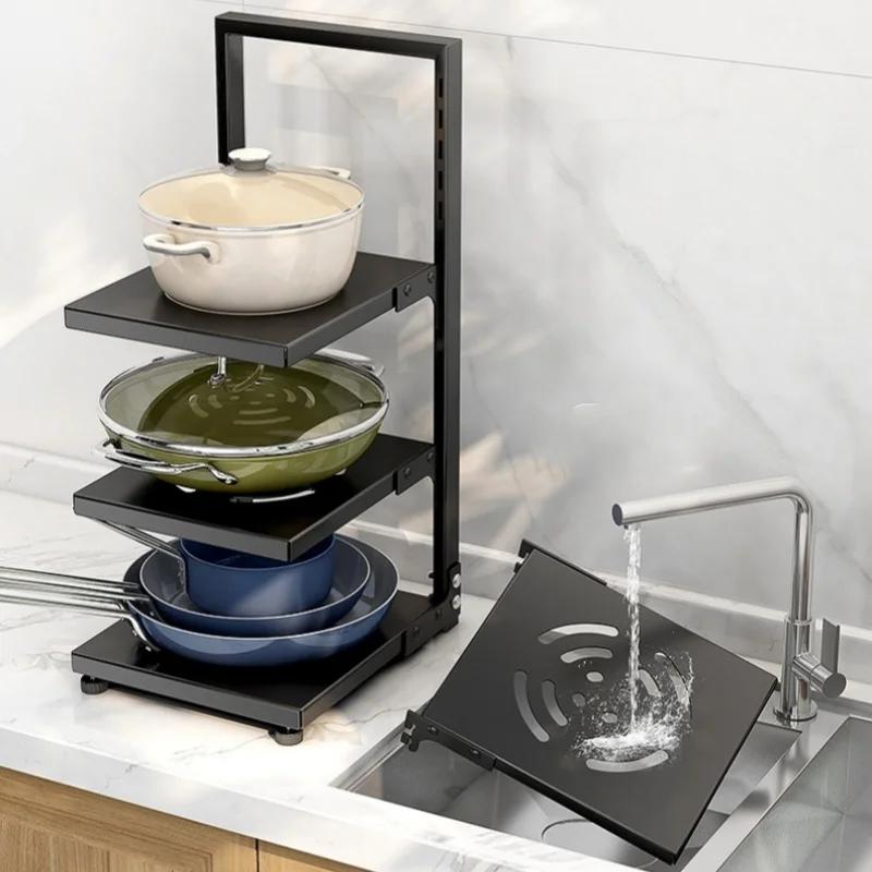 Кухонная стойка для хранения Регулируемая стойка для тарелок и кастрюль из углеродистой стали Свободная многоярусная защелкивающаяся напольная стойка для кастрюль Кухонное хранение