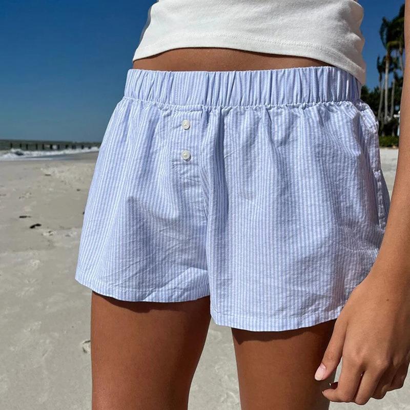 Fashion Summer Simple Striped Women Beach Shorts Loose Elastic Waist Sports Casual Short Pants Elegant Buttons Simple Basic Thin Women's Clothing
