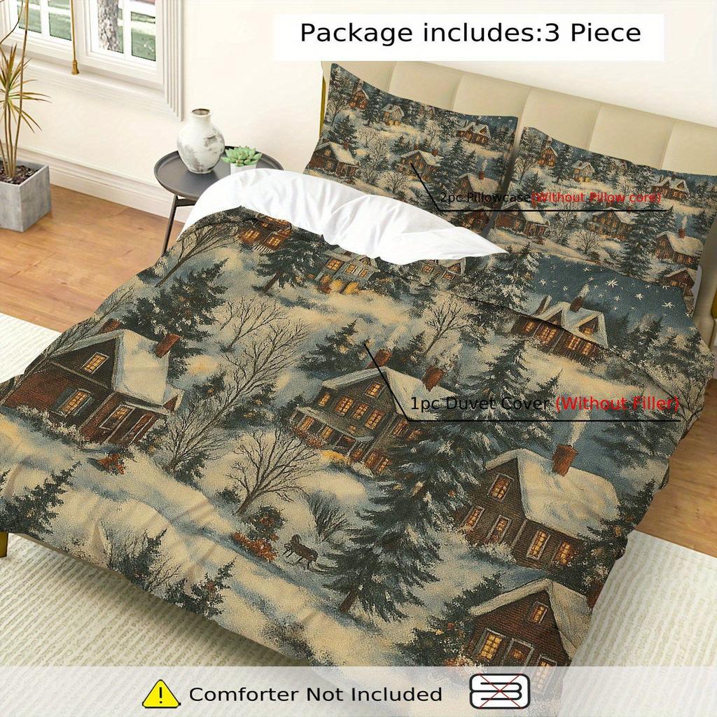 Набор пододеяльника 3 шт. Зимняя снежная деревня, сосны, ночной пейзаж - Винтажное ностальгическое рождественское постельное белье с застежкой-молнией
