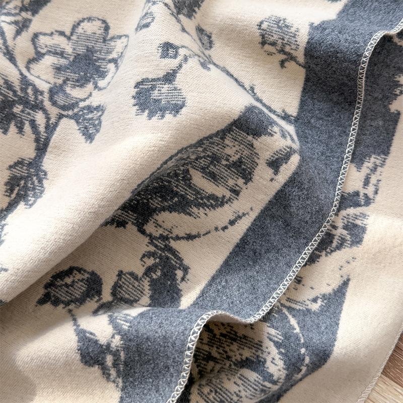 Картина с изображением цветов и птиц, старинная художественная концепция, двухсторонний шарф, зимний высококачественный теплый платок