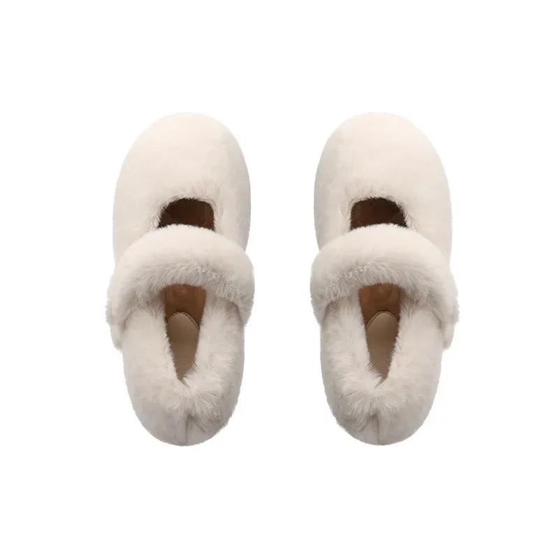 Модные женские туфли осень/зима с прорезным ремнем из плюша 2024 года, новые милые теплые туфли из плюша с круглым носком, женские туфли Мэри Джейн