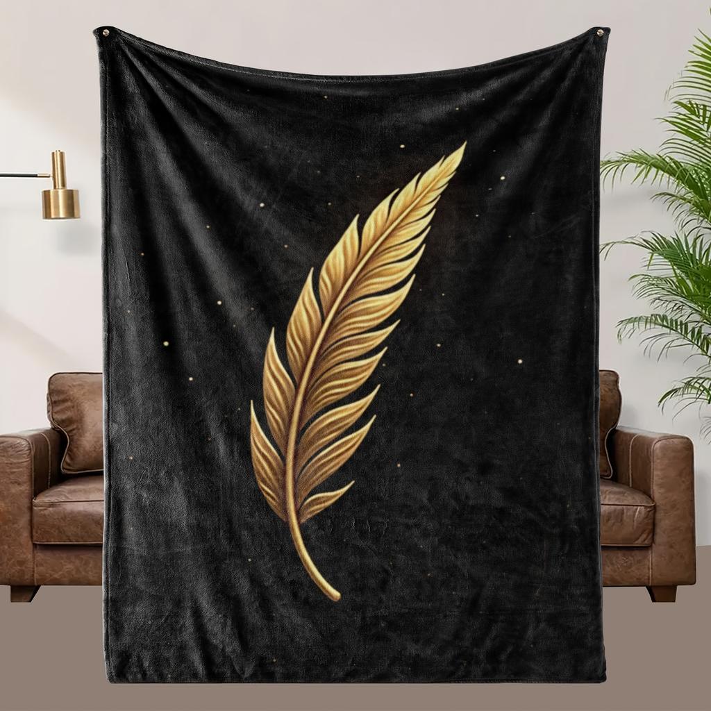 1pc Black Feather Print Flannel Blanket - Soft, High-Definition Digital Print, 100% Polyester, All-Season Comfort, Perfect Gift