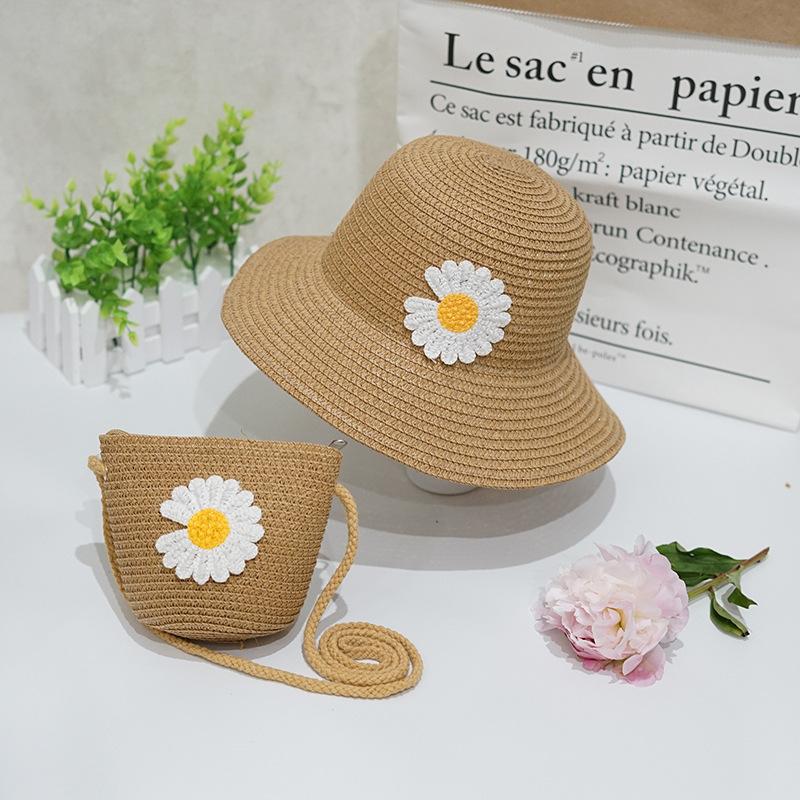 Summer Daisy Children's Straw Hat for Girls, Baby Hat, Sunshade Sun Protection Wide-brimmed Hat Bag Set, Fisherman's Basin Hat