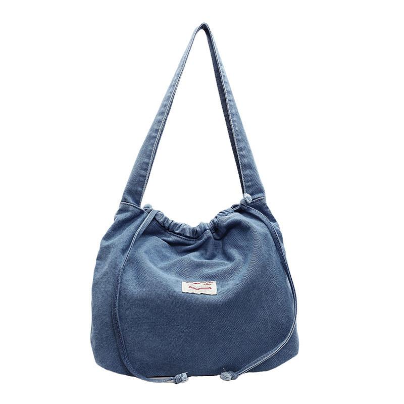 Drawstring Casual Denim Shoulder Bag For Women Soft Material Large Capacity Street Style