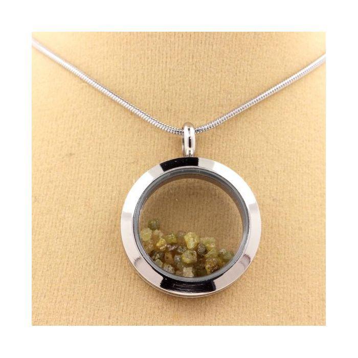 Stones and Minerals. Raw Green Yellow Diamond Necklace. 25 Mm Medallion Model. Color Silver.