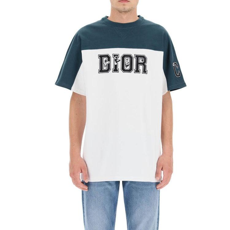 Men's DIOR Logo Printing Colorblock Round Neck Short Sleeve Green T-Shirt 193J646A0554-680