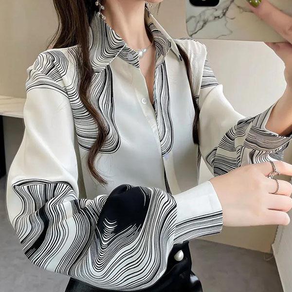 Повседневные топы с длинными рукавами, свободные шифоновые рубашки большого размера, женские весенне-осенние элегантные блузки с лацканами с принтом