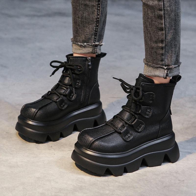 Platform Ankle Women Flats Snow Boots High Heels Leather Shoes Winter Casual Sneakers 2025 Trend Sport Lace Up Retro Botas Mujer