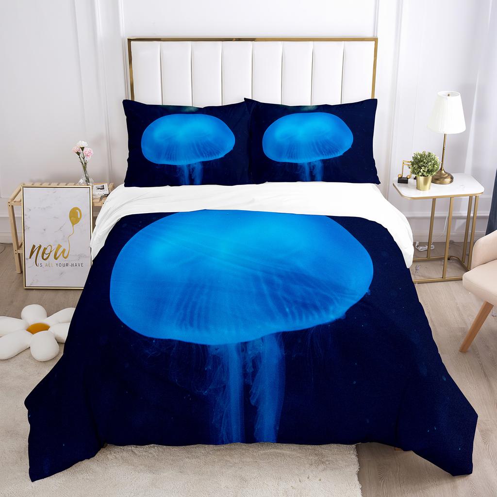 Jellyfish Duvet Cover Set Blue Sea Wild Animals Theme King Queen Size for Kids Teens Adult Polyester Bedding Set with Pillowcase