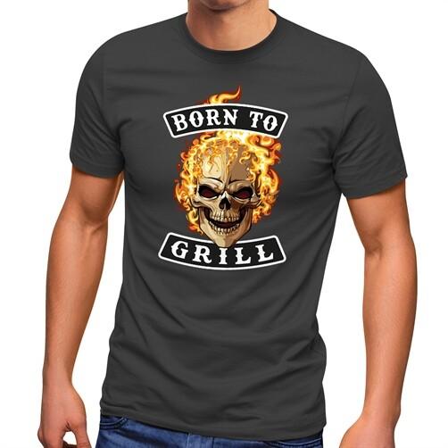 Men's T-Shirt Grilling with Slogan Born to Grill Skull Flames Fun Shirt-