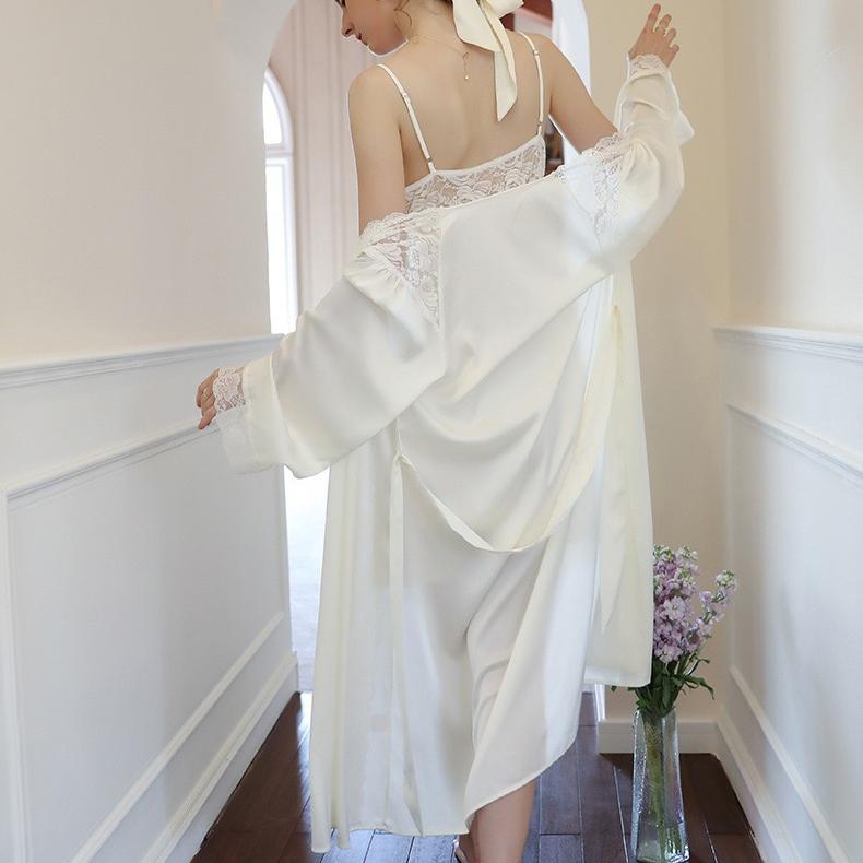Пижама из ледяной шелковой ленты, женская ночная рубашка на слинге, двухсекционная ночная рубашка во французском дворцовом стиле, домашняя осень, корейский шикарный винтажный элегантный повседневный костюм