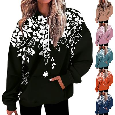Женская мода, свободная повседневная толстовка с длинным рукавом и цветочным принтом, толстовка с принтом листьев, топ