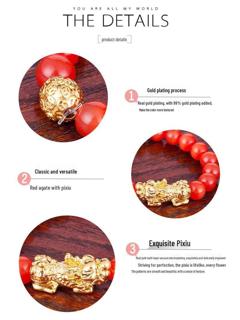 Agate Pixiu Bracelet with Mantra Beads - Gold-Plated Beaded Bracelet for Men and Women
