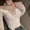 Deeptown корейский стиль футболки с открытыми плечами женские эстетические укороченные сетчатые топы с бабочками сексуальные кокетки Y2k Kpop футболки с длинными рукавами