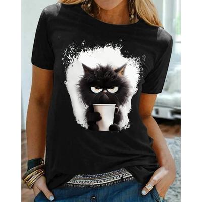 Женская футболка с принтом кота на каждый день, черная, с коротким рукавом, модная, забавная, с круглым вырезом, стандартный крой, лето