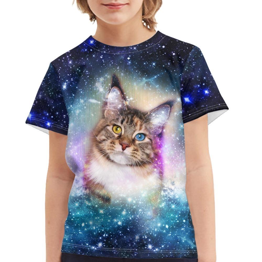 Children's Dinosaur and Cat 3D Digital Printed Boys' Casual and Comfortable Round Neck Short Sleeved T-shirt