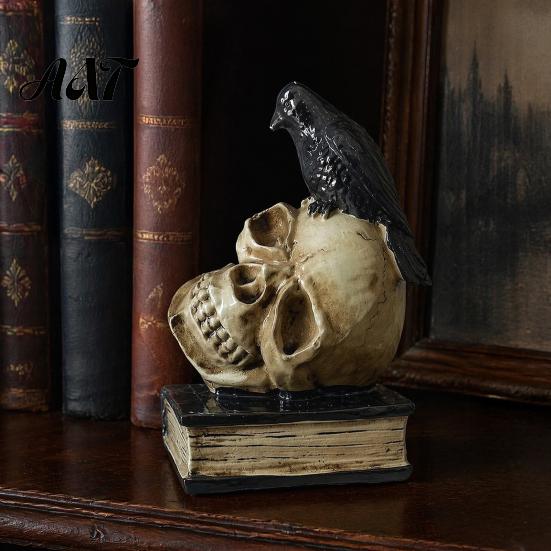 Spooky Bookshelf Display Figurines Halloween Skull Head Statue, Gothic Crow And Book Sculpture, Statue with Resin for Home Party Table