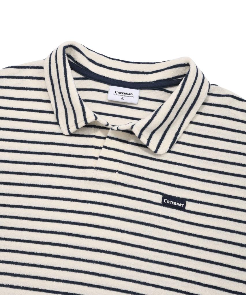 COVERNAT Terry Stripe Open Collar T-Shirt Navy