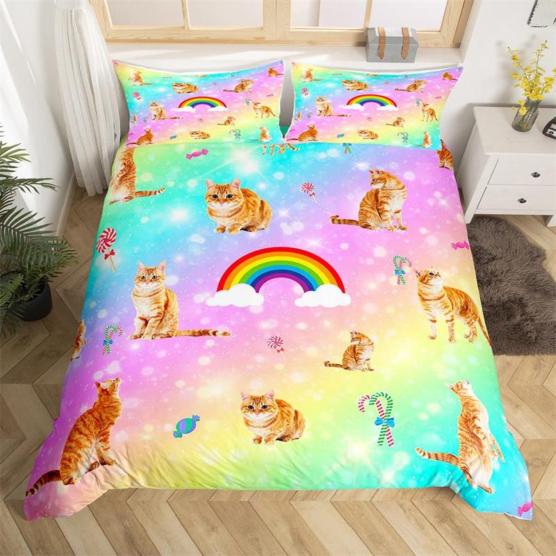 Cat Duvet Cover Polyester Pattern With Hipster Playful Feline Characters, Decorative 3 Piece Twin Bedding Set With 2 Pillow Sham