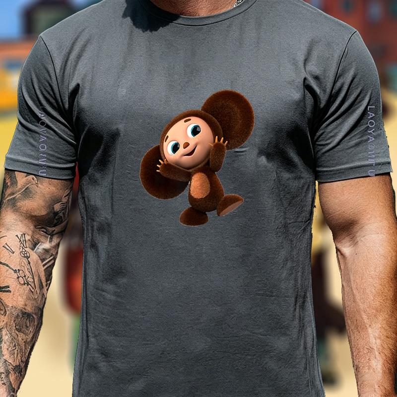 Cute Cheburashka Monkey T Shirt Unisex Russian Cartoon Cyrillic Text Art Print Cotton Animation Lover Outdoor Casual Tee