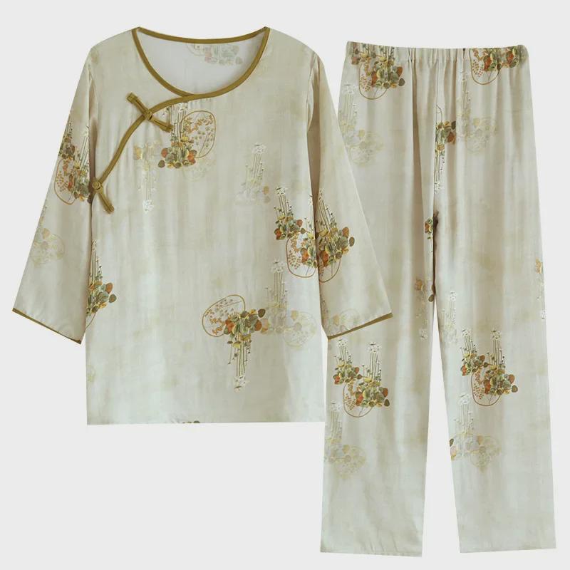 Женский повседневный пижамный комплект из бамбукового волокна - Милый весенне-летний стиль знаменитостей из Интернета с топом с длинными рукавами и брюками