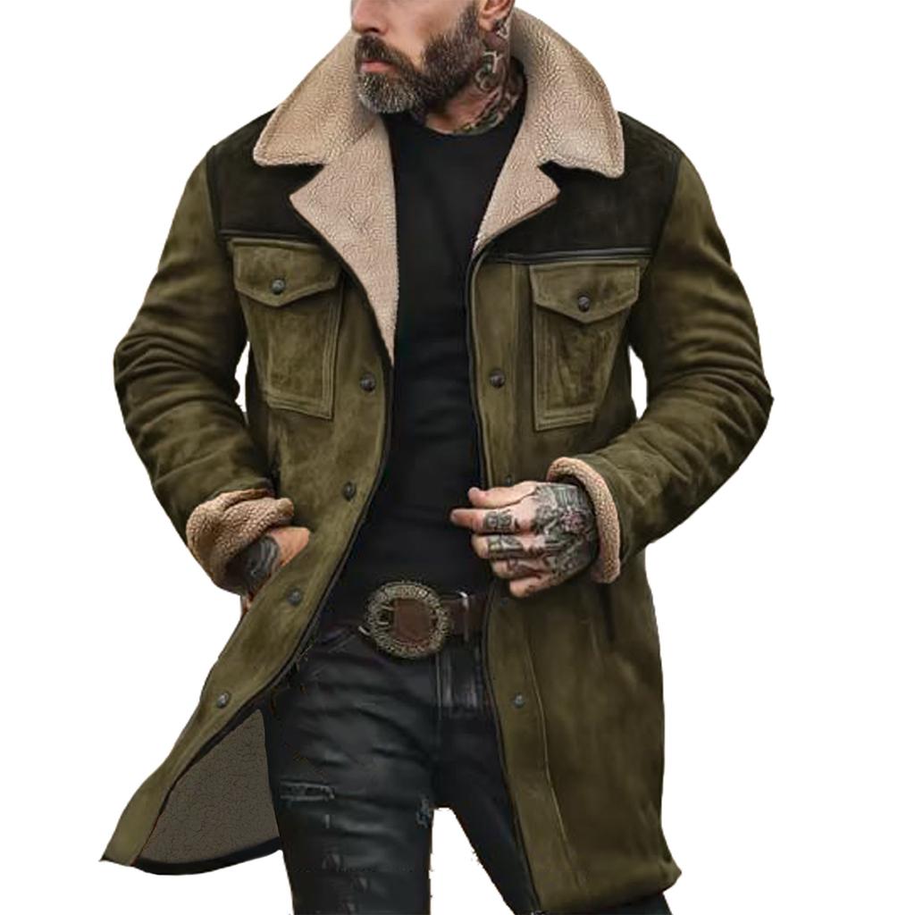 Men's Suede Color-matching Winter Jacket Multi-pocket Zipper Coat
