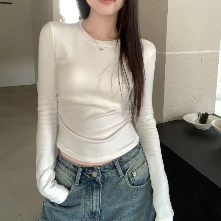 Women's Slim Fit Autumn Chic Long Sleeve Top - Solid Color & Fashionable Petite Innerwear