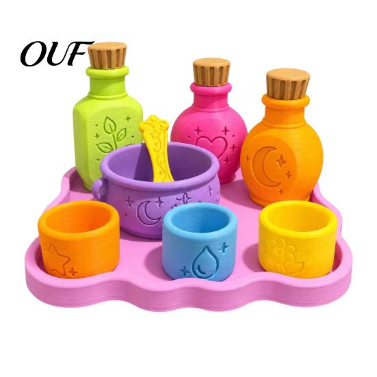 3D Printed Potion Bottles Tray Magic Making Kit with Bottles, Bowl, Spoon and Cups, Pretend Reusable Sensory Play Set Toy for Kids, Home Game