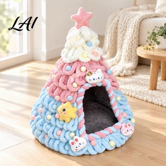 Festive Cat Furniture Christmas Tree Bed Foldable Semi-Enclosed Felt Cave 3D Shaped Comfortable Den Holiday Pet House Soft Yarn Hideaway for Indoor