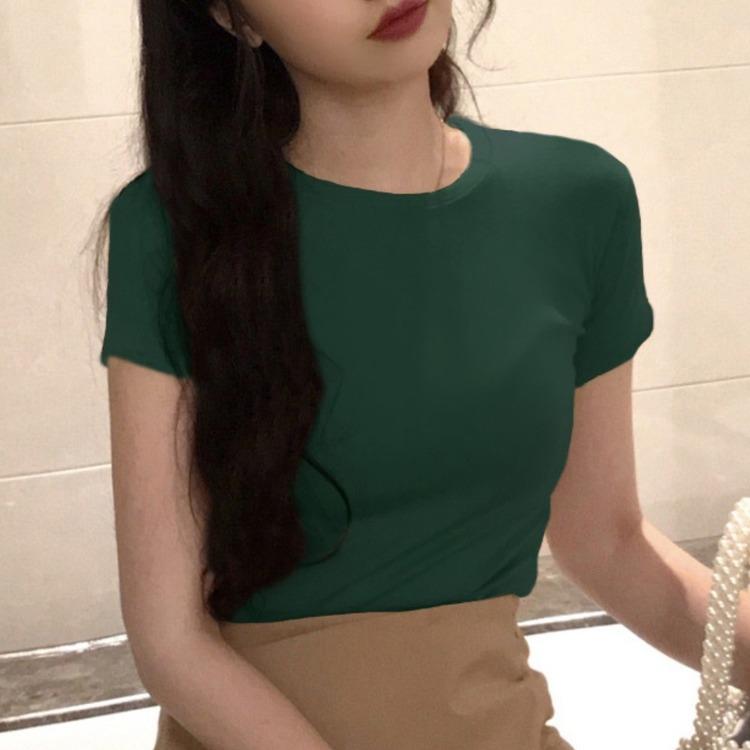 Летние женские облегающие укороченные топы, футболки с короткими рукавами, повседневные футболки с круглым вырезом, пуловер, чистый цвет