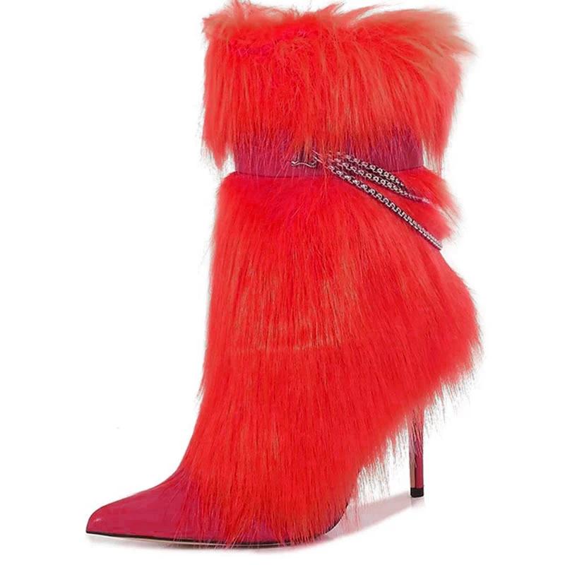 Модные Новые Туфли на Высоком Каблуке с Острым Носком, Нишевый Дизайн, Цепь, Волосатые Ботинки, Европейская Американская Мода, Черные, Красные, Острые, Сексуальные Женские Ботинки, Размер 43