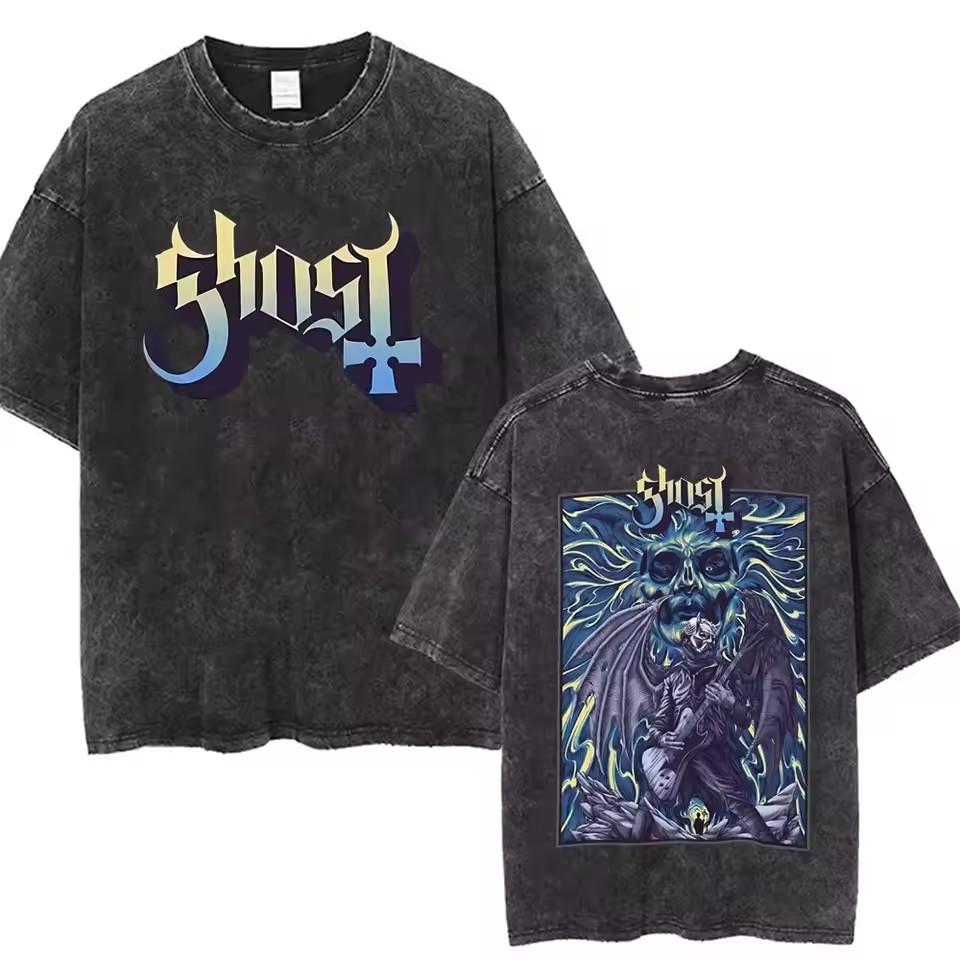 Футболка Ghost Band в винтажном стиле "Sweed Vintage Skeleton Rock" с короткими рукавами и круглым вырезом, посвященная проблеме 2000-х годов. Мужская одежда в категории "Футболки".