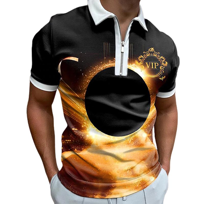 Casual Lapel T-shirt Young Men's Fashion Zipper T-shirt Short Sleeve T-shirt Men's 3D Jumping Notes Print T Shirt