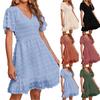 Women's V Neck Smocked Short Sleeve Casual Dress Dot Swing Flowy Ruffle Hem Beach Summer Dresses