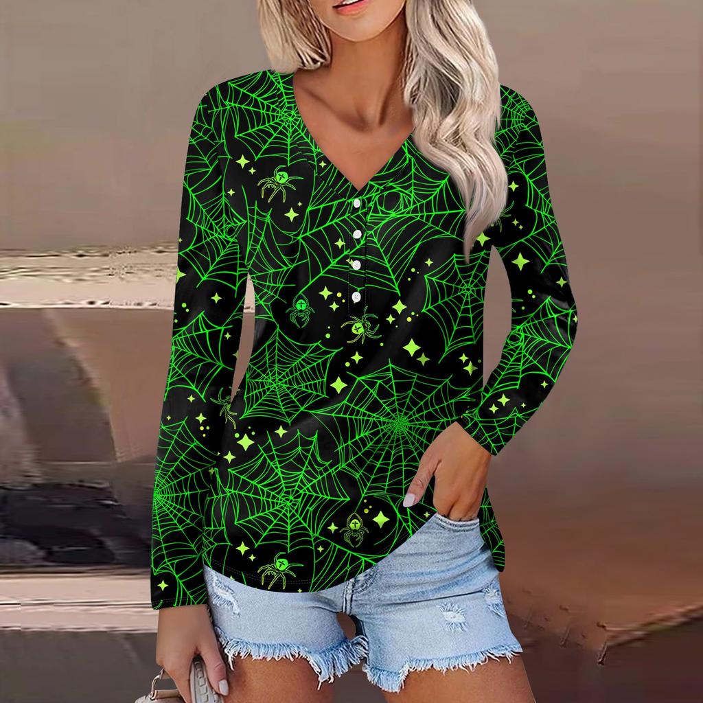 Женская повседневная мода, сексуальный комфорт, Хэллоуин с принтом и v-образным вырезом, пуговицы, длинный рукав