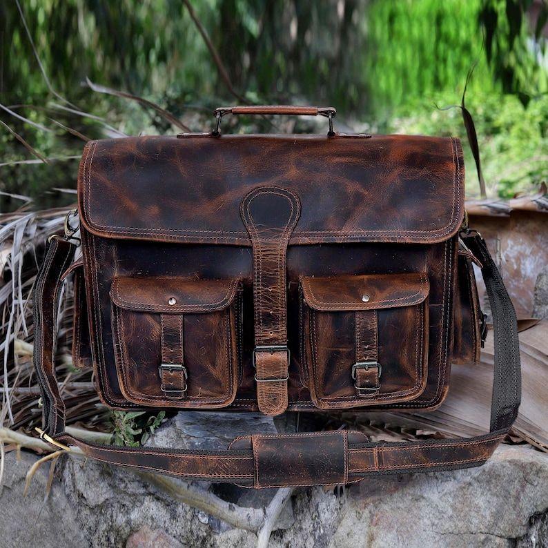 Handmade Leather Messenger Bag Full Grain Buffalo Leather Office Briefcase Bag for Men and Women Leather Laptop Bag Satchel Shoulder Bag