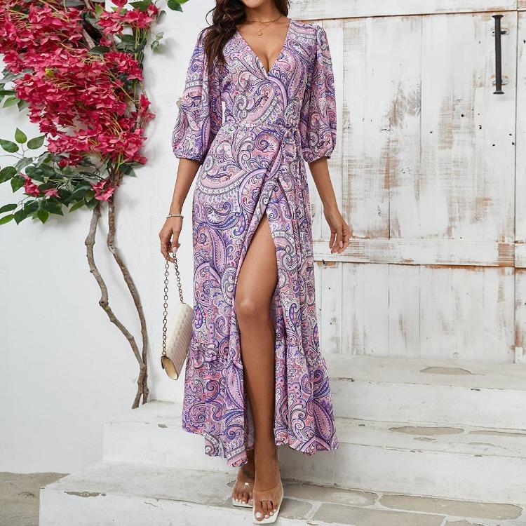 Summer Floral Print Women Dress V-Neck Casual A-Line High Waist Short Bubble Sleeve Straps Ankle-Length Slit Spring Dresses