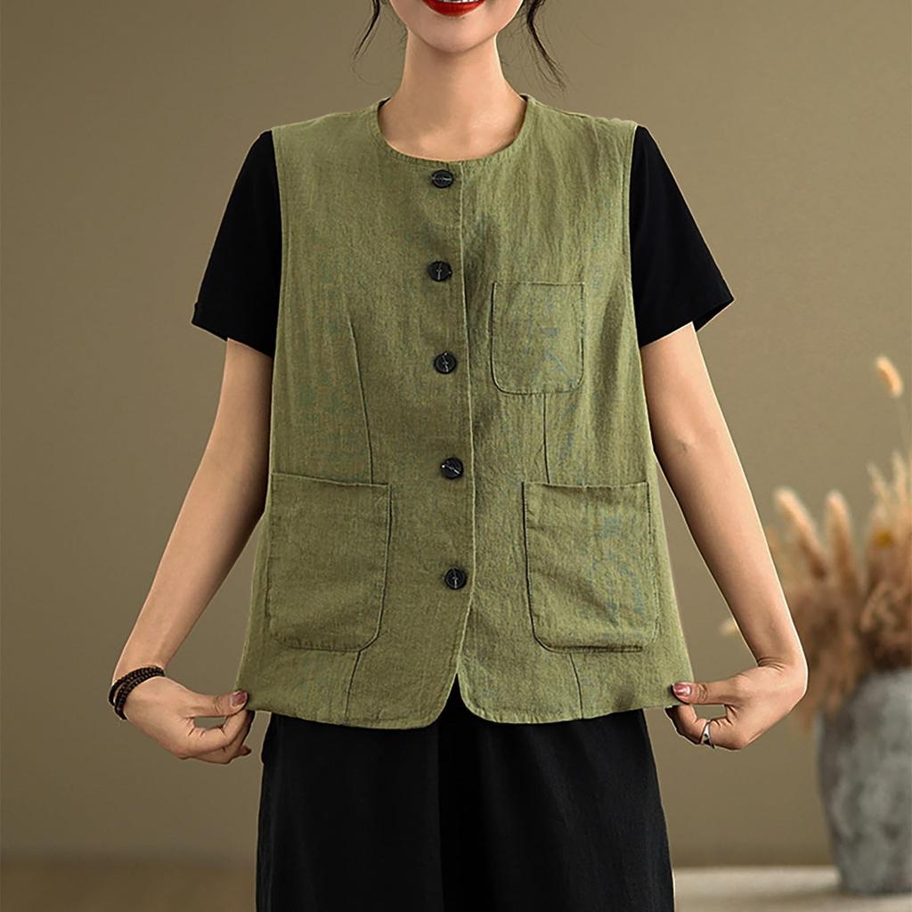 Womens Cotton Linen Vest Casual Sleeveless Coat Cardigans Lightweight Jacket Waistcoat Top
